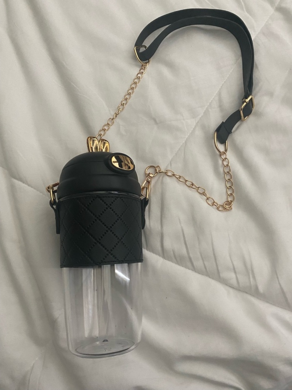 Black Quilted Crossbody Bottle Bag with Gold Chain